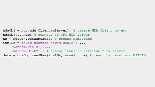 Пример кода MATLAB для подключения к серверу OPC HDA и доступа к архивным данным для их обработки.